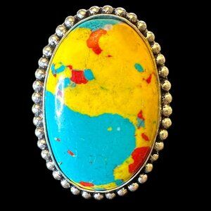 Genuine Oval Yellow Mosaic Jasper Sterling Silver Overlay Ring Size 9